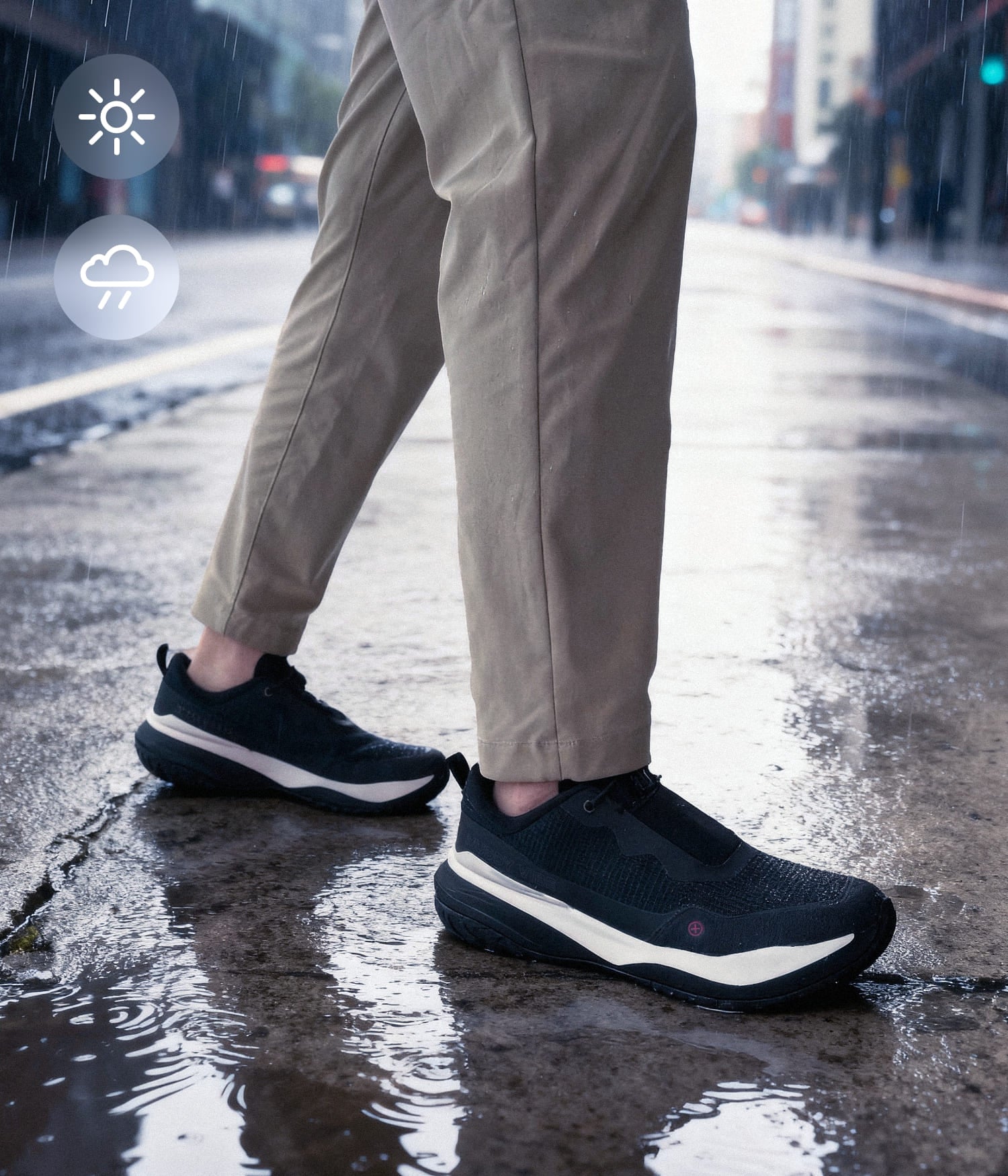 wearing S-16 slip-on walking shoes while jogging in light rain, highlighting water-repellent feature.