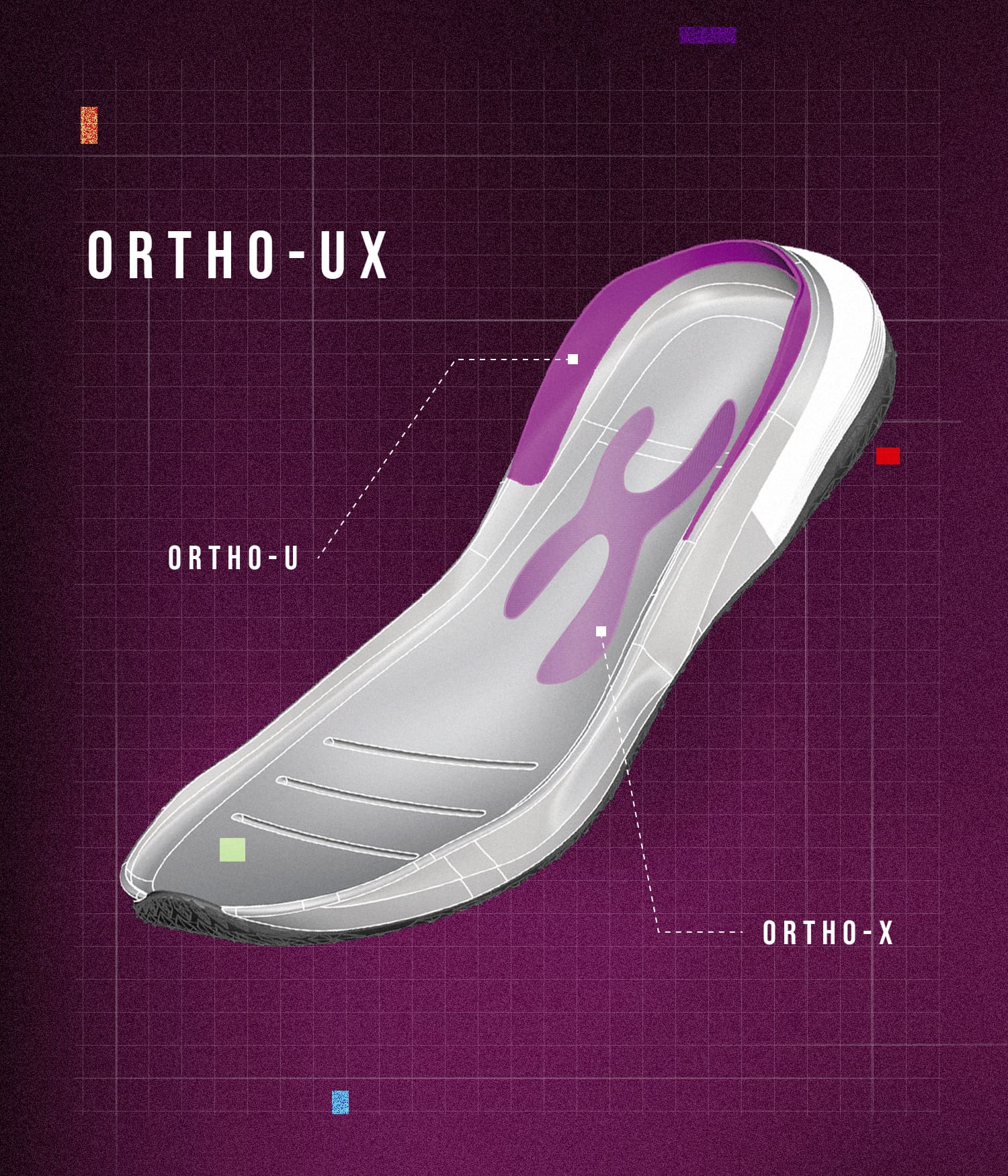 Orthopedic insole with 'ORTHO-UX' branding on a purple background