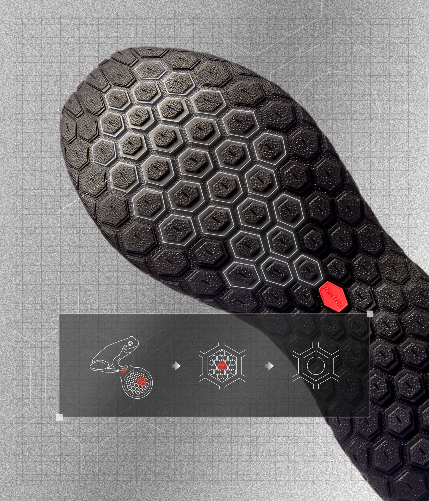 Close-up of a black shoe sole with hexagonal pattern on a gray background
