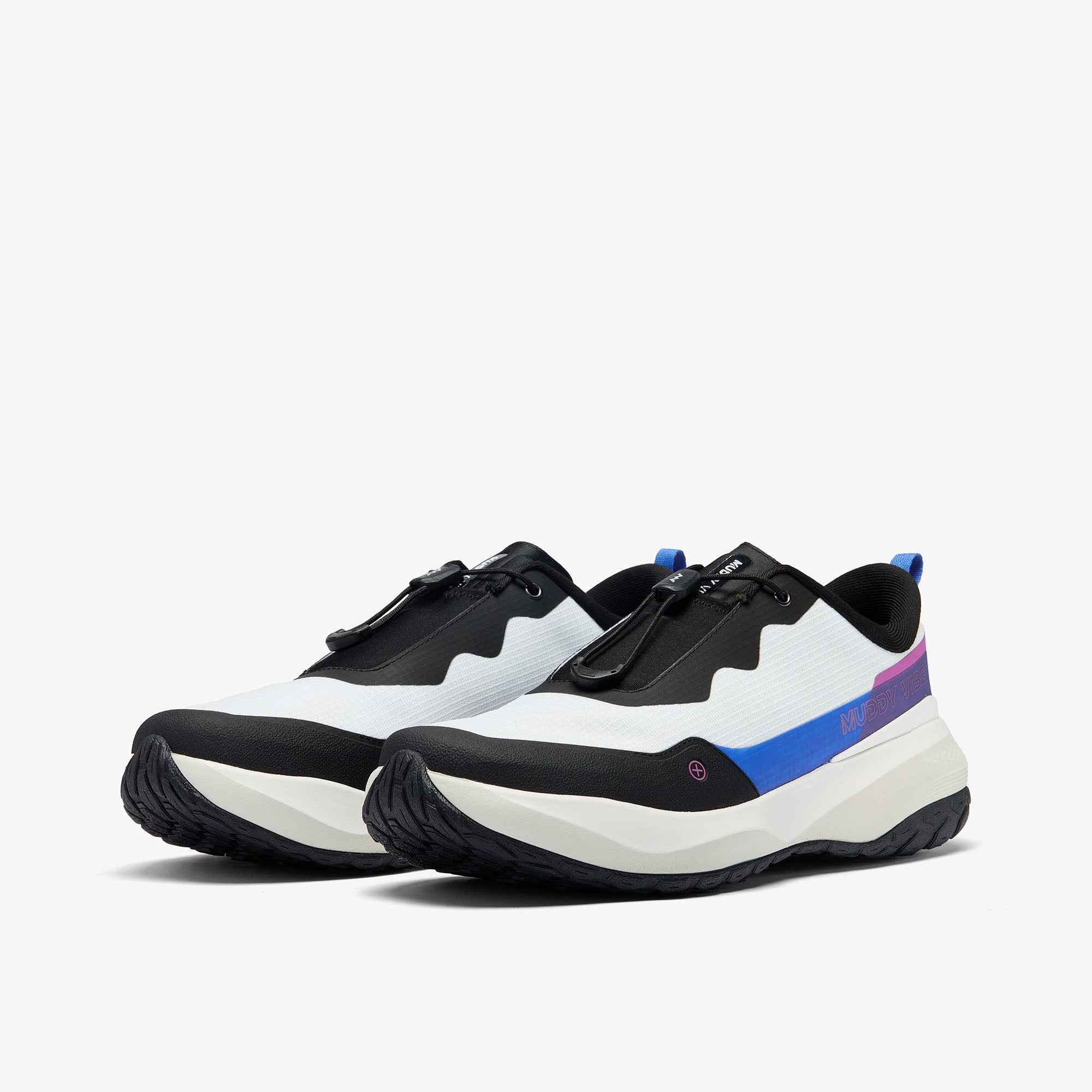 MUDDY VIBE S-16 Aurora White low-top hiking shoe with black, blue, and purple accents, 45 degree side view on a white background.
