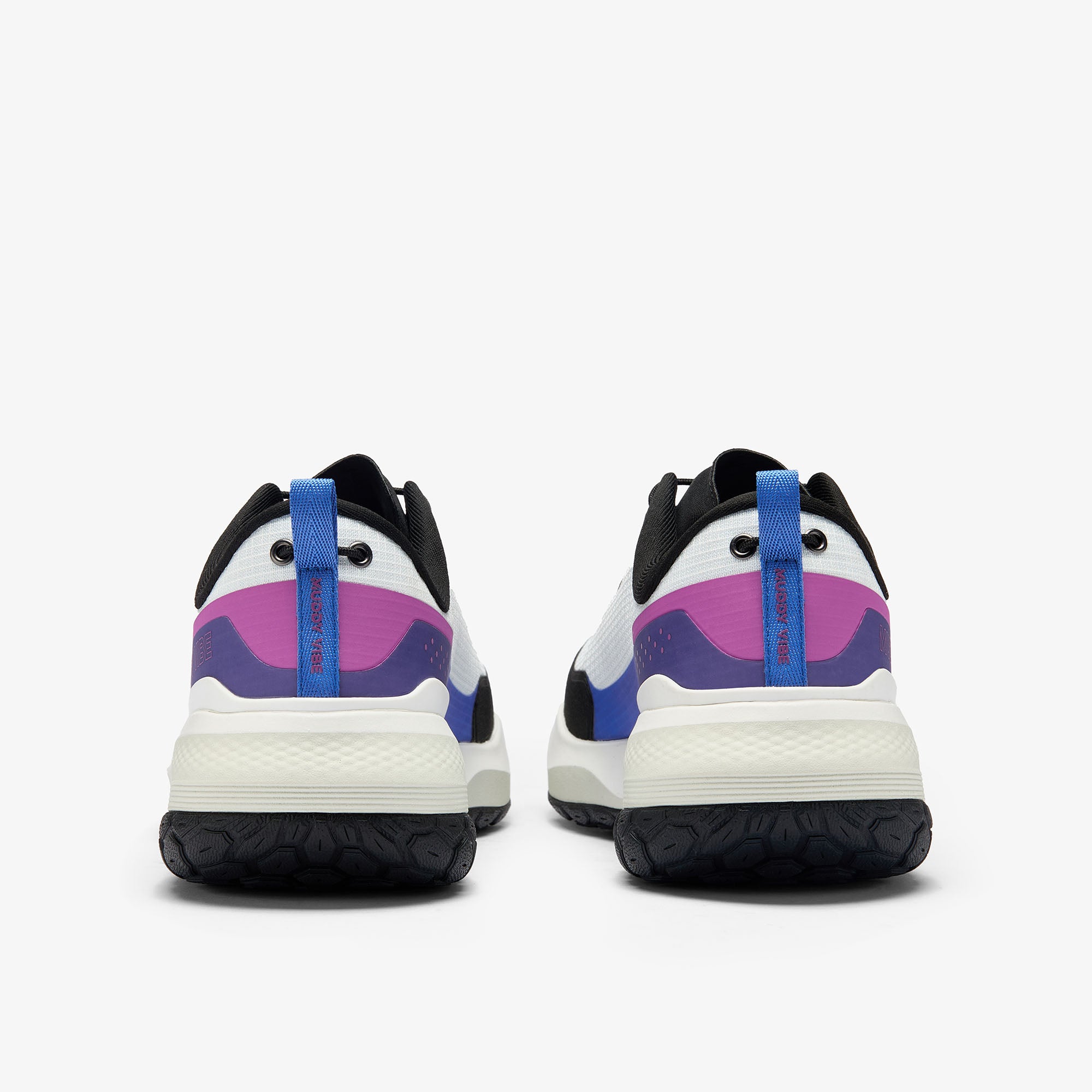 MUDDY VIBE S-16 Aurora White low-top hiking shoe with black, blue, and purple accents, rear view on a white background.