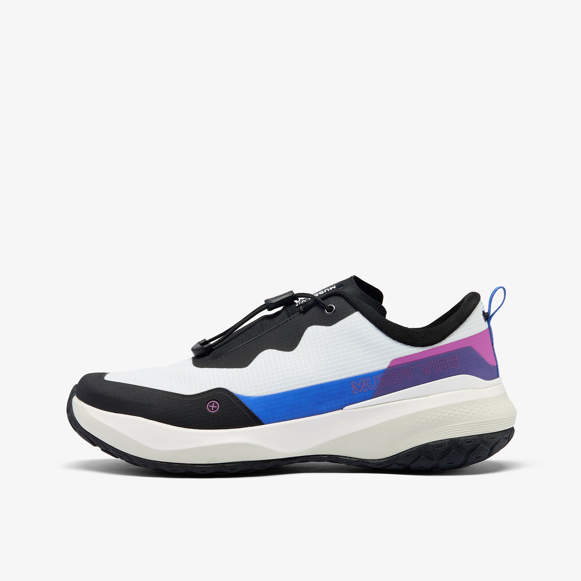 MUDDY VIBE S-16 Aurora White low-top hiking shoe with black, blue, and purple accents, side view on a white background.