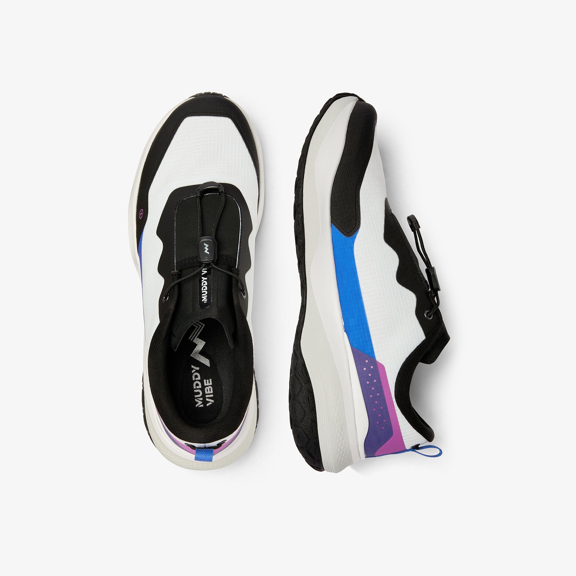 MUDDY VIBE S-16 Aurora White low-top hiking shoe with black, blue, and purple accents, top view on a white background.