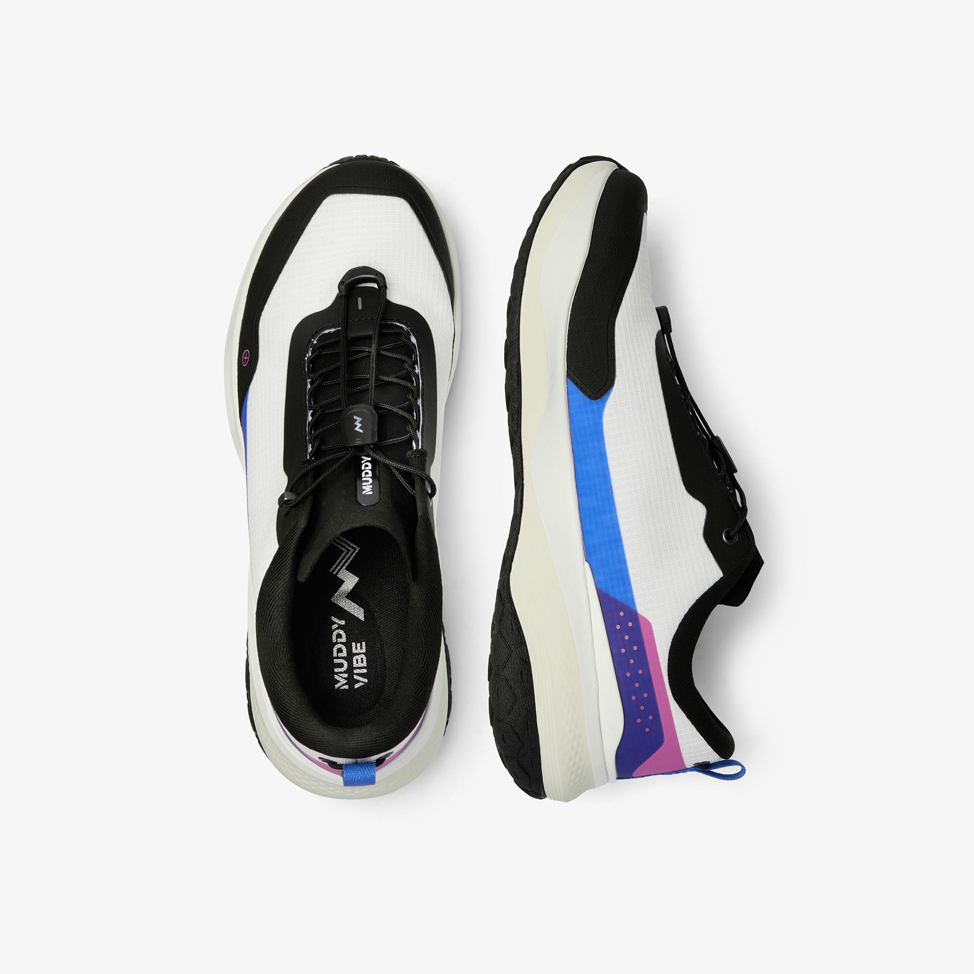 MUDDY VIBE Si-14 Aurora White low-top hiking shoe with black, blue, and purple accents, top view on a white background.