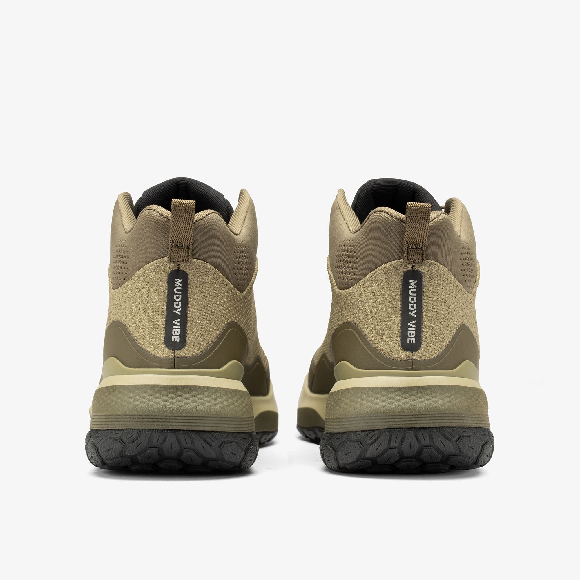 MUDDY VIBE Zn-30 mid-top Alpine Green hiking shoe with tonal green and beige accents, rear view on a white background.