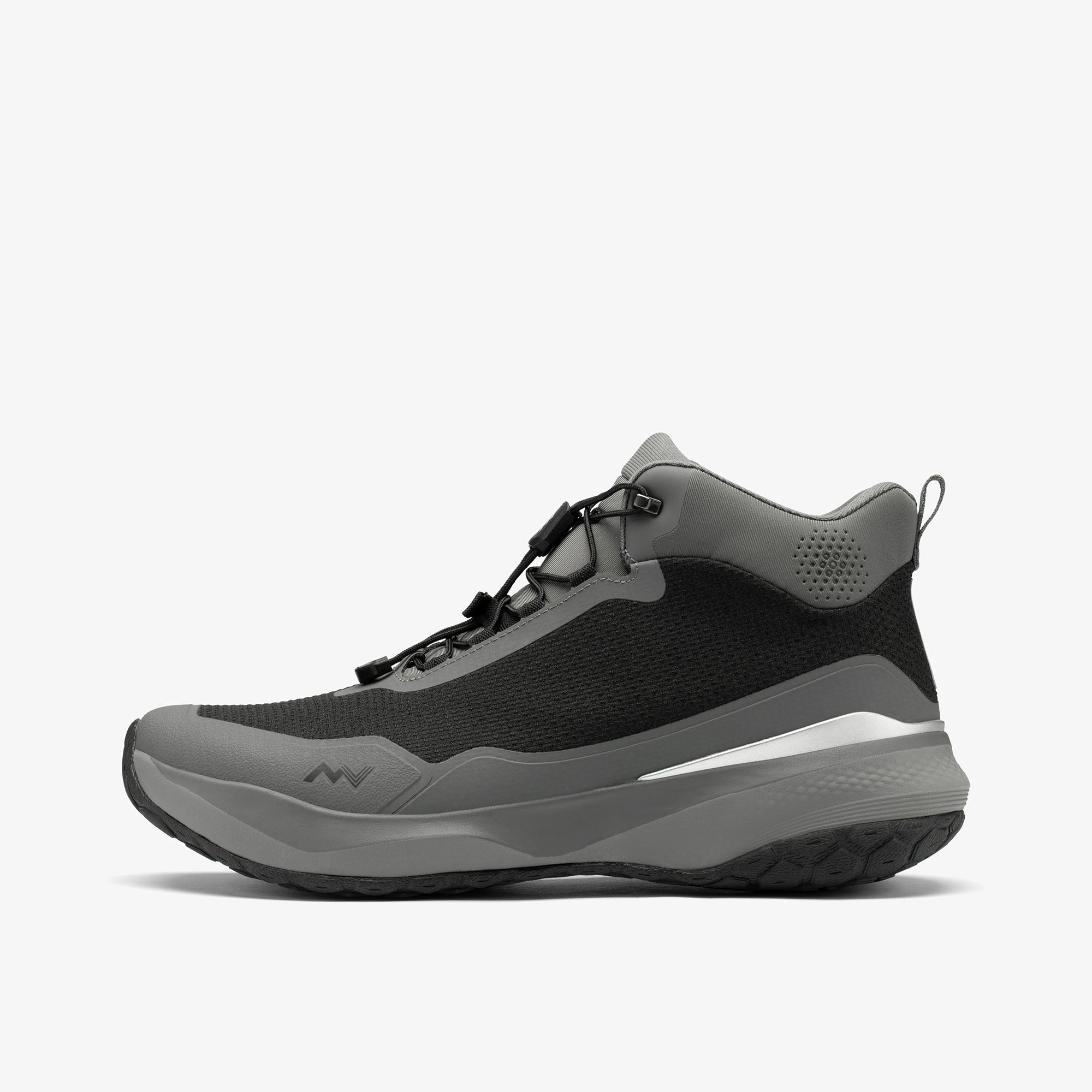 MUDDY VIBE Zn-30 Cliff Grey mid-top hiking shoe with black and white accents, side view on a white background.