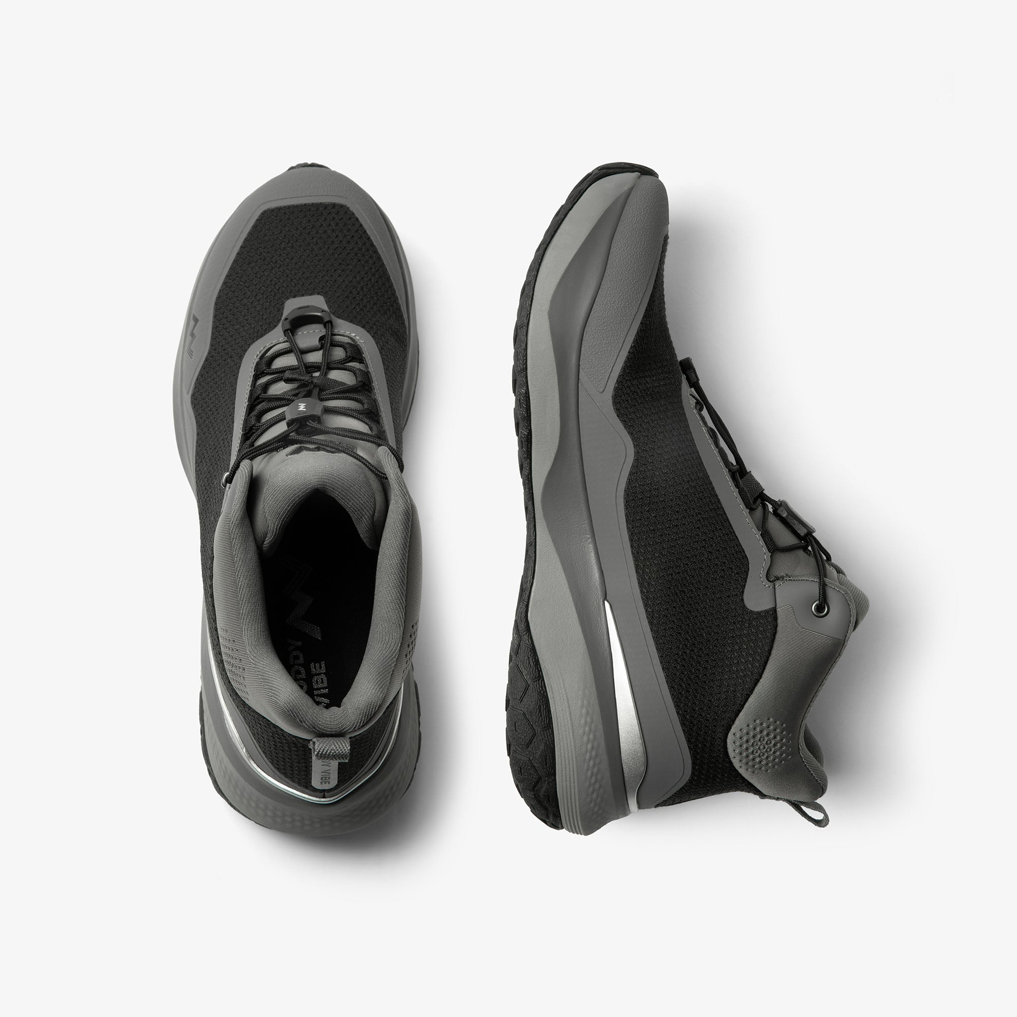 MUDDY VIBE Zn-30 Cliff Grey mid-top hiking shoe with black and white accents, top view on a white background.