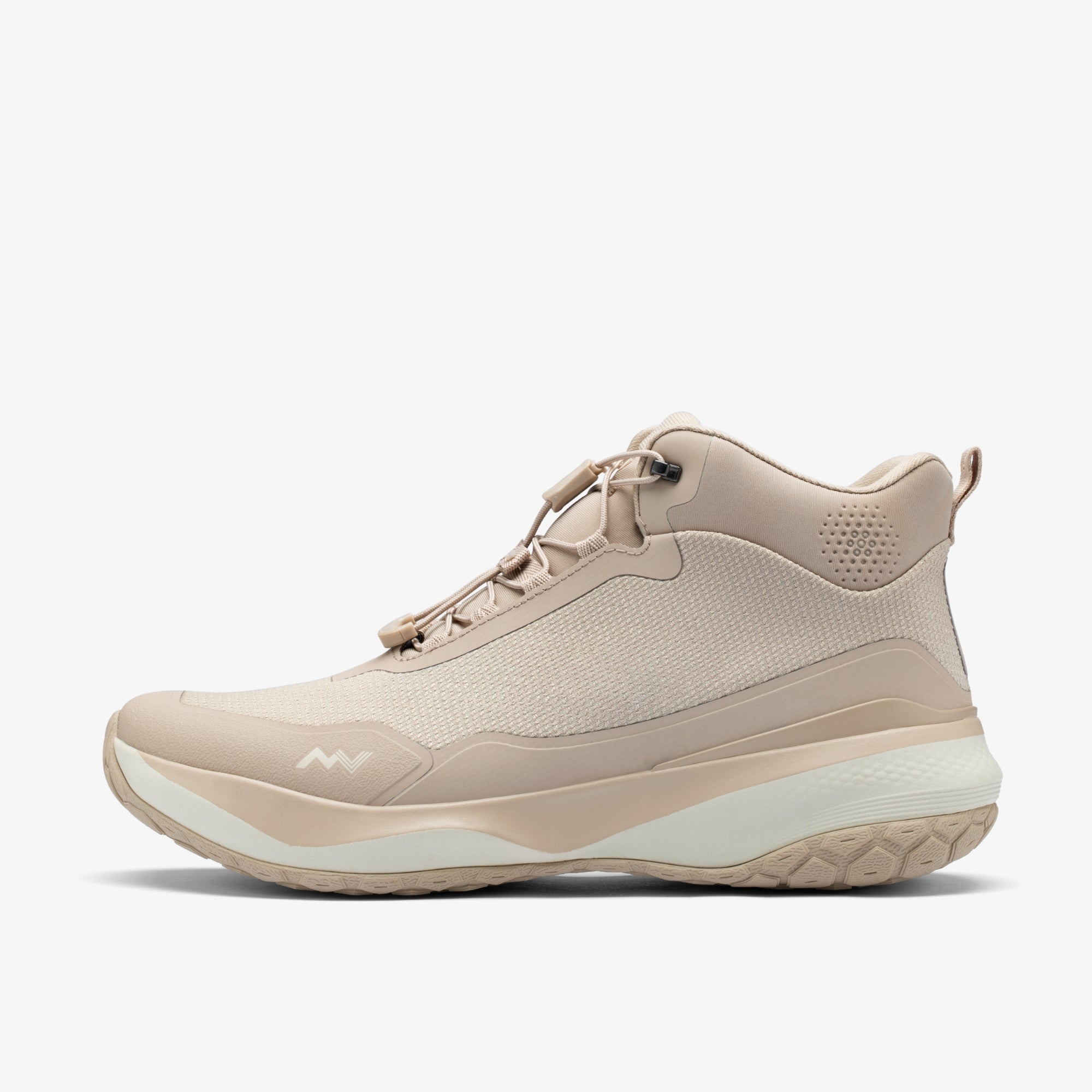 MUDDY VIBE Zn-30 Desert Sand mid-top hiking shoe with light beige and off-white accents, side view on a white background.