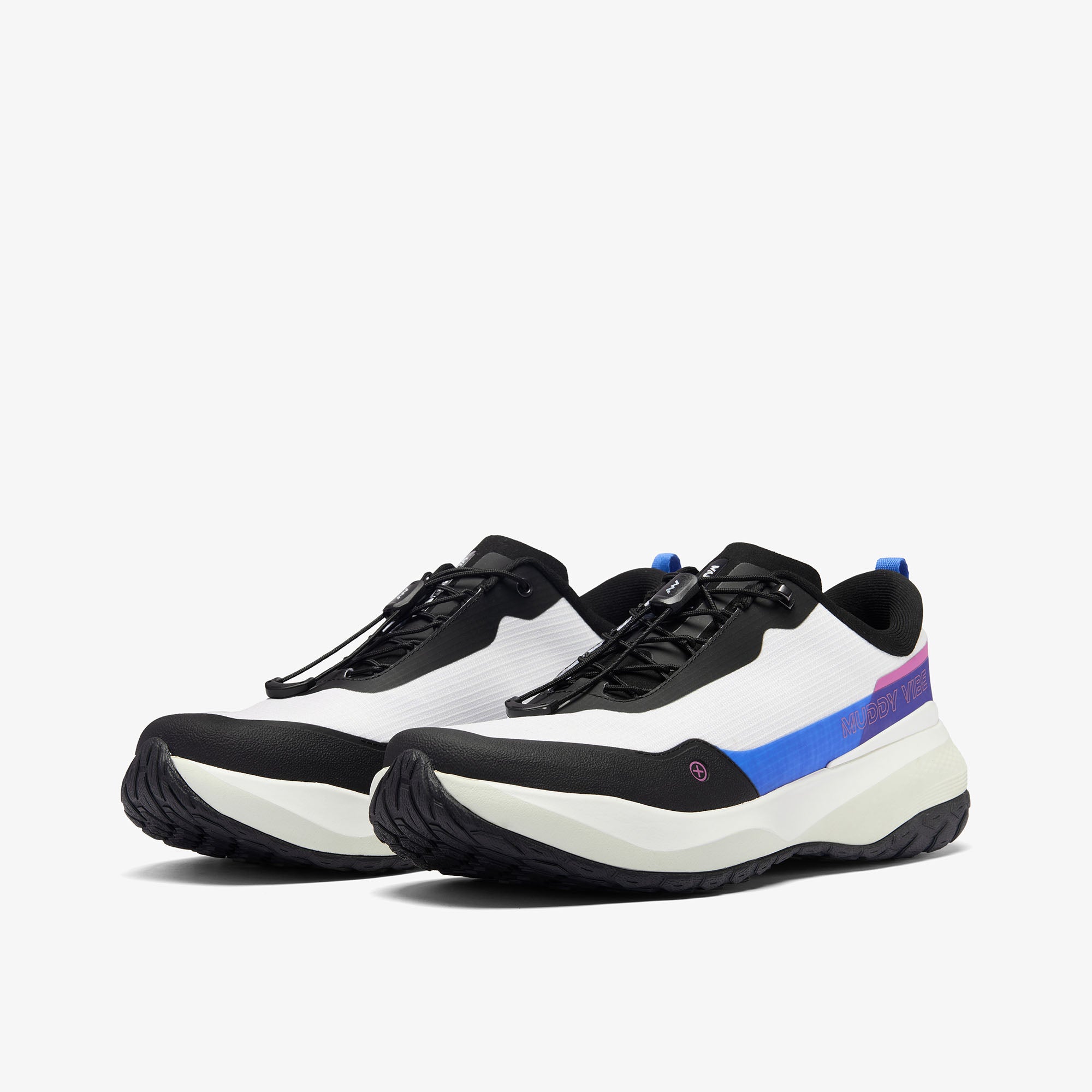 MUDDY VIBE Si-14 Aurora White low-top hiking shoe with black, blue, and purple accents, 45 degree side view on a white background.