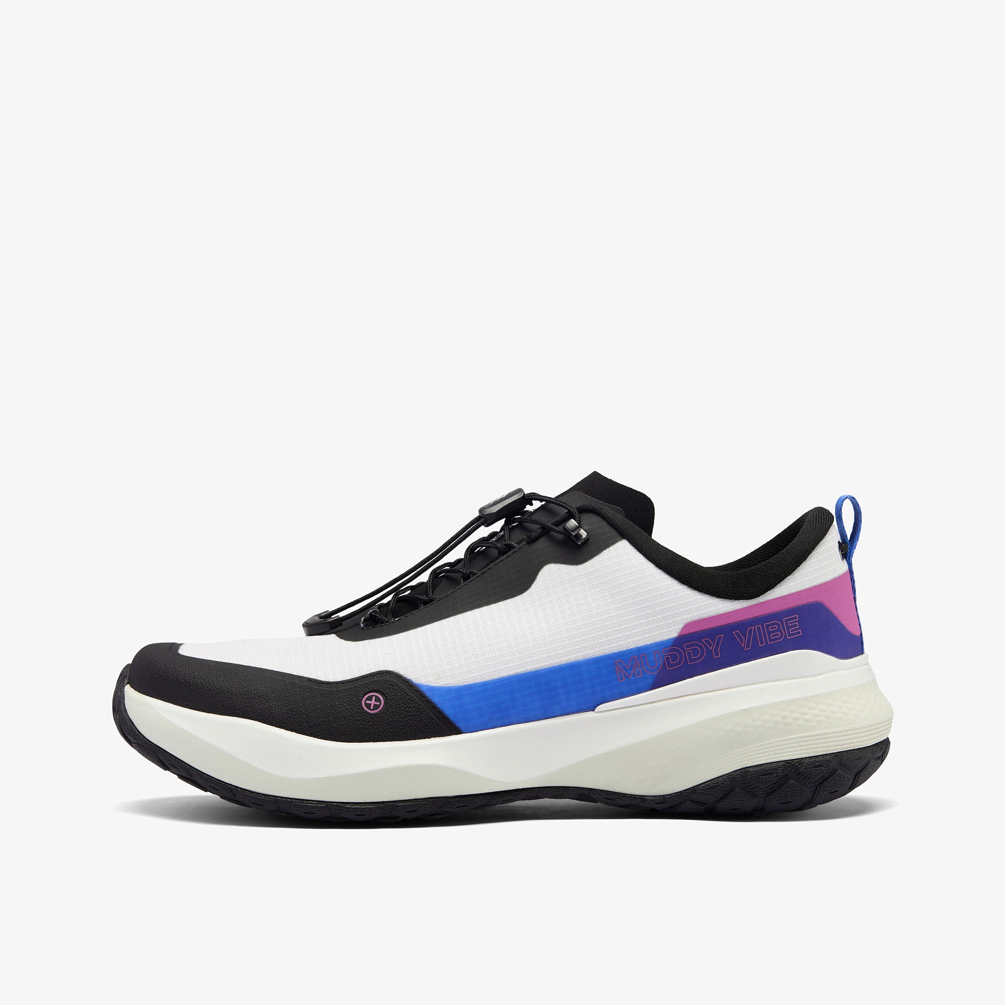 MUDDY VIBE Si-14 Aurora White low-top hiking shoe with black, blue, and purple accents, side view on a white background.