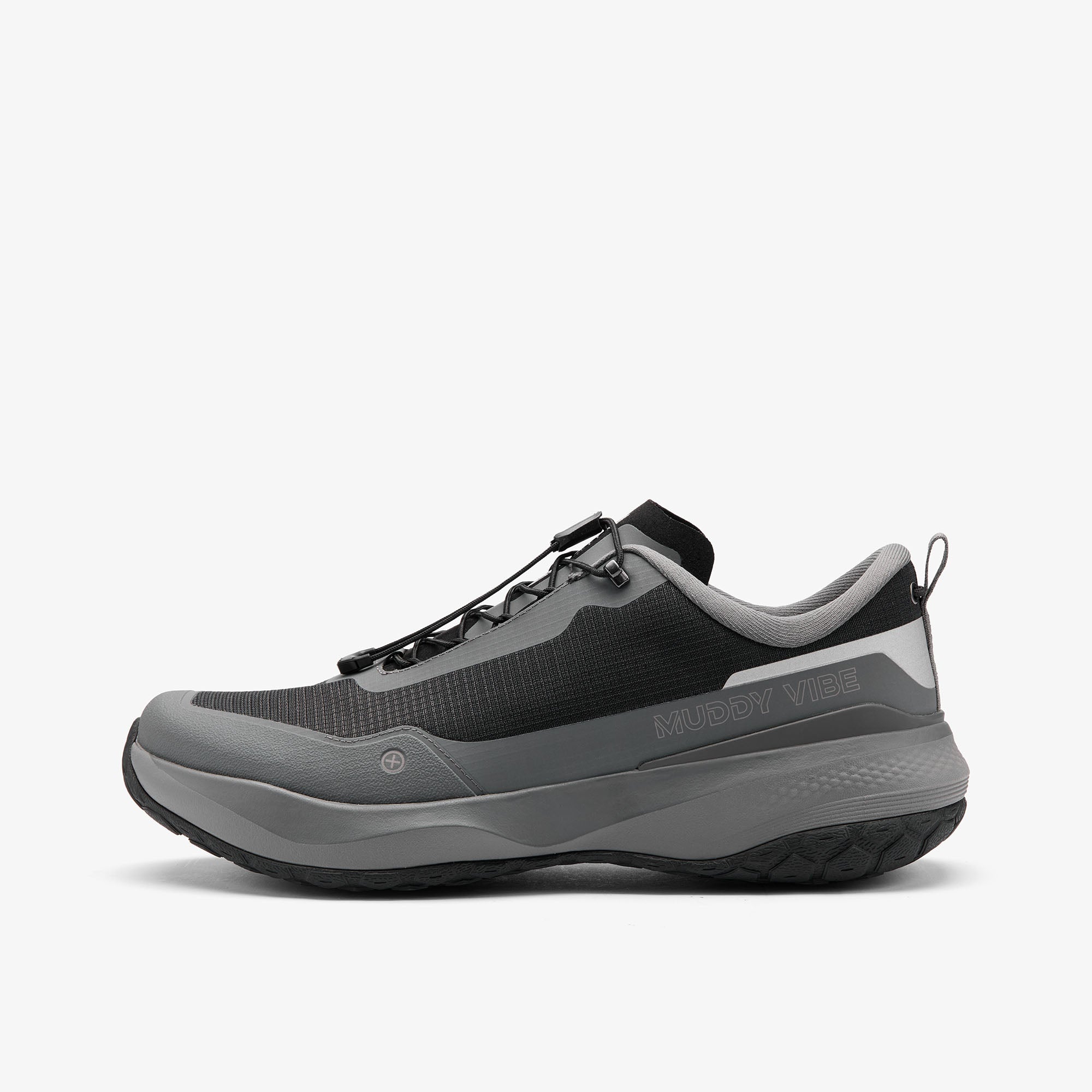 MUDDY VIBE Si-14 Tide Rock low-top hiking shoe with black and grey accents, side view on a white background.