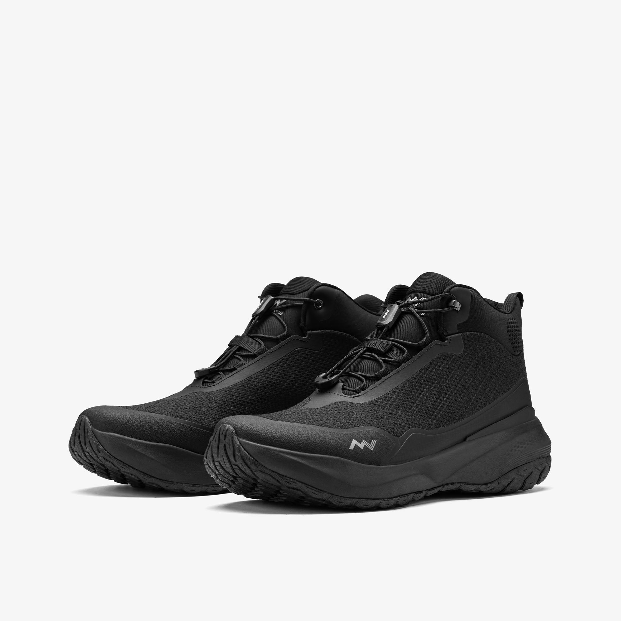 MUDDY VIBE Zn-30 Black Summit mid-top hiking shoe with with all-black trim, 45 degree side view on a white background.
